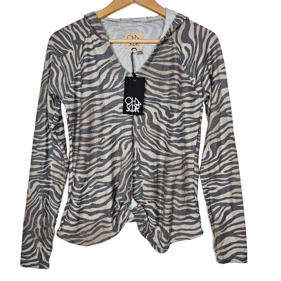 Chaser Tops - Chaser Soft Cozy Zebra Print Twist Front Pullover Hoodie Thumbholes Size S